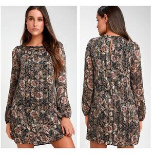 NWT LULUS "Ashford" Black Floral Print Long Sleeve Mini Shift Dress Women L